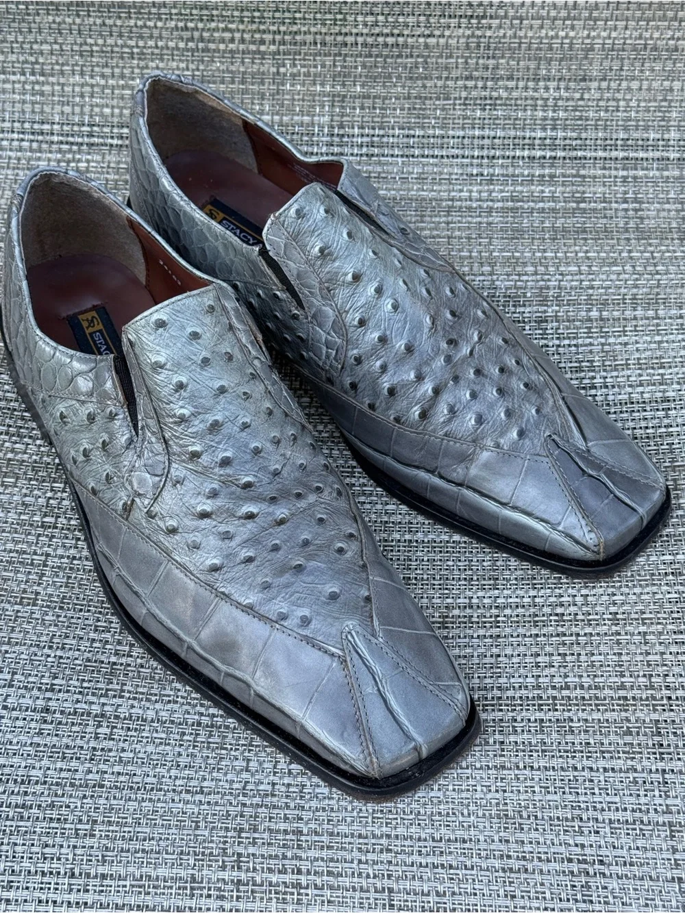 Stacy Adams Gray Leather Alligator Skin  Ostrich & Croc-Embossed Slip-On Loafers